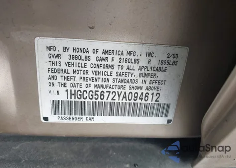 2000 Honda Accord 2.3 Se z USA, uszkodzony, nr VIN 1HGCG5672YA094612